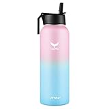 Vmini Water Bottle with New Wide Handle Straw Lid, Wide Mouth Vacuum Insulated 18/8 Stainless Steel, 40 oz, Gradient Pink + Blue
