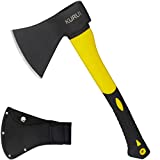KURUI Wood Chopping Axe with Sheath, 15” Outdoor Camping Hatchet for Cutting and Kindling, Camp Splitting Axe with Fiber Glass Shock-Absorbent Anti-Slip Handle