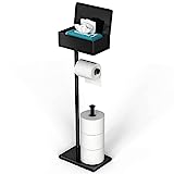 CISILY Black Toilet Paper Holder Stand with Storage Shelf, Free Standing Toilet Paper Roll Holders, Bathroom Toliet Tissue Holder Accessories Essentials