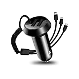 Quick Charge Car Charger, Dual Ports Car Charger Adapter with Stretchable Cable and 3 in 1 Fast Charging Cord for iPhone 13/Pro Max/Pro, 12/11, Samsung Galaxy, iPad, Camera for Most Cars (Black)