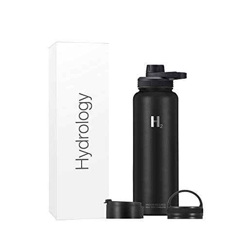 H2 Hydrology Adventure Water Bottle with 3 LIDS | Double Wall Vacuum Insulated Stainless Steel Wide Mouth | Sports Hot & Cold Leak Proof Sweat Free Thermos