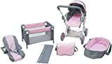 KOOKAMUNGA KIDS 5 Pc Baby Doll Stroller Set - Baby Doll Accessories - Baby Doll Playset w/ Doll Crib Stroller Car Seat - Playpen - Carry Cot - Diaper Bag - Ages 3+ - Deluxe Grey / Pink