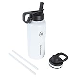 Thermoflask Double Stainless Steel Insulated Water Bottle with Two Lids, 32 Ounce, White