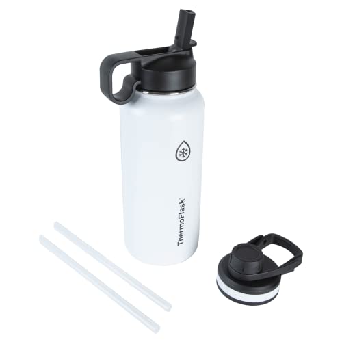 Thermoflask Double Stainless Steel Insulated Water Bottle with Two Lids, 32 Ounce, White