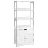 VASAGLE Free Standing Linen Tower, Bathroom Storage Cabinet, Bookcase with 3 Open Shelves, 1 Drawer and 1 Cupboard, 23.6 x 12.8 x 60.6 Inches, for Entryway, Kitchen, Study Room, White UBBC67WT