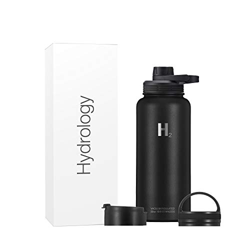 H2 Hydrology Adventure Water Bottle with 3 LIDS | Double Wall Vacuum Insulated Stainless Steel Wide Mouth | Sports Hot & Cold Leak Proof Sweat Free Thermos