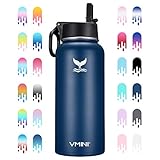 Vmini Water Bottle - Wide Mouth Stainless Steel & Vacuum Insulated Bottle, New Straw Lid with Wide Handle, Blue & 32 oz
