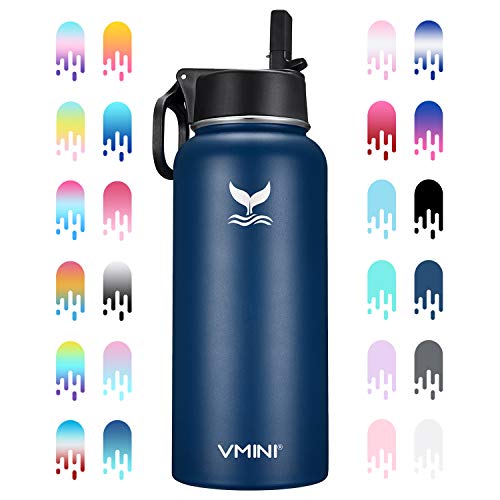 Vmini Water Bottle - Wide Mouth Stainless Steel & Vacuum Insulated Bottle, New Straw Lid with Wide Handle, Blue & 32 oz