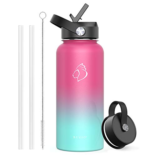 BUZIO Insulated Water Bottle with Straw Lid and Flex Cap, 32oz Double Wall Vacuum Stainless Steel Thermo with Wide Mouth Lid, Cold 48 Hrs Hot 24 Hrs Sweat Proof Flask, Rose and Green