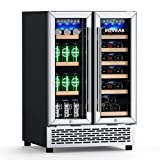 ROVRAk Professional Beverage and Wine Cooler Refrigerator, Dual Zone 2-in-1 24 Inch Wine Fridge for 18 Bottles and 57 Cans, Built-in or Freestanding Digital Temperature Control 35-50℉&41-64℉, Low Noise Frost Free Compressor Wine Cooler…