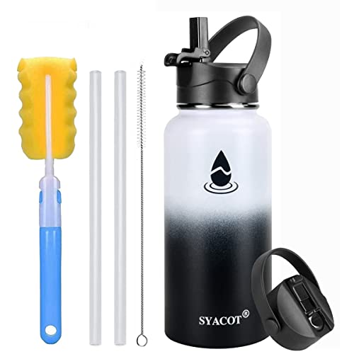 SYACOT 32 oz 40 oz 64 oz Stainless Steel Water Bottle, Insulated Double Wall Vacuum Leak Proof Water Flask, Metal Thermo Canteen Mug —Wide Mouth with 2 Straw Lids (32 oz, White/Black)