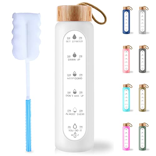 AQULEA 32 Oz Borosilicate Glass Water Bottle with Times to Drink - Wide Mouth BPA Free Glass Motivational Water Bottles with Silicone Sleeve, Bamboo Lid, Fruit Infuser, and Bonus Brush