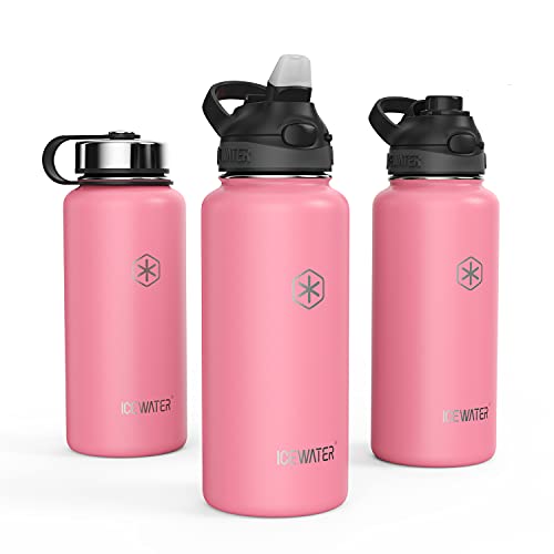 ICEAWTER Insulated Water Bottle With 3Lids (AutoStraw&Spout Lids),64oz,40oz,32oz,24oz,18oz,14oz, Vacuum-Insulated Stainless Steel Sports Water Bottle (32 oz, Pink-1)