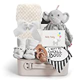 Baby Shower Gifts, Baby Boy Girl Gift Basket Set Newborn Blanket Baby Elephant Lovey Security Blanket Wooden Rattle Toy, New Born Bibs Socks & Greeting Card, Baby Shower Basket Gifts Essential