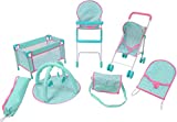KOOKAMUNGA KIDS 6 Pc Baby Doll Stroller Set - Baby Doll Accessories - Baby Doll Playset w/ Doll Crib Stroller High Chair & Feeding Tray - Playpen - Bouncer - Diaper Bag - Activity Mat - Ages 3+ (Blue)