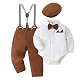 Baby Boy Clothes Set Infant Tuxedo Long Sleeve Gentleman Suit Outfits + Beret Hat + Suspender Pants + Bowtie 0-18M