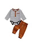 2Pcs/Set Newborn Baby Boys Outfit Long Sleeve Striped Bodysuit Romper Solid Pants Fall Winter Clothes (Khaki, 3-6 Months)