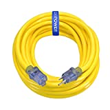 Clear Power 50 ft 10/3 SJTOW Extra Heavy Duty Contractor Grade Extension Cord, Power Indicator Light, Oil, Water, Weather & Kink Resistant, Flame Retardant, Yellow, 3 Prong Grounded Plug, CP10175
