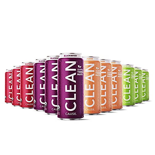 Sparkling Yerba Mate Variety Pack - Organic, Low Calorie & Low Sugar (160mg Caffeine), 16oz cans, 12-pack - CLEAN Cause - 50% Profits Support Alcohol & Drug Addiction Recovery