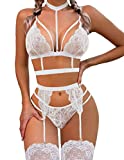 Avidlove Lace Garter Lingerie Set with Removable Choker Teddy Babydoll Strappy Bra and Panty Set (No Stockings), White, Medium