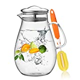 Hiware 64 Ounces Glass Pitcher with Lid / Water Pitcher with Handle - Good Beverage Carafe Pitcher for Juice, Milk, Beverage, Hot/Cold Water & Iced Tea, Cleaning Brush Included