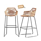 Bar Stools Set of 2 Counter Height Nordic Bar Stools Simple Style Restaurant Cafe Back High Back Stools Iron Rattan Wicker High Back Chair, Black Metal Legs Boho Bar Stools (Height 65cm(25.6inch))