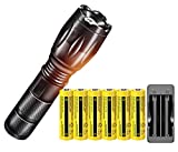 Super Bright 2000 Lumen 18650 Tactical Flashlight and 6PCS 3.7V High Capacity Rechargeable Battery+Batteries Charger,Zoomable, Water Resistant, 5 Modes Handheld Flashlight
