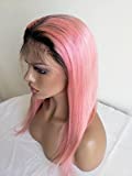 8A 150% density 12-16inch 1bTPink color Full Lace Human Hair Wigs Brazilian Straight Human Hair Bob wig (16inches, #1BTPink Color)