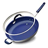 14' Fry Pan With Lid - Extra Large Skillet Nonstick Frying Pan with Silicone Handle, Ceramic Coating, Blue Silicone Handle, Stain-Resistant And Easy To Clean, Professional Home Cookware