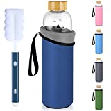 Veegoal 32 Oz motivational glass water bottles with times to drink bamboo lid, Neoprene Sleeve & Bonus bottle brush - Leakproof & BPA Free Borosilicate Glass Water Bottle for Travel, Gym & Daily Use