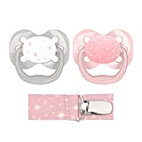 Dr. Brown's Advantage Reversible Baby Pacifier, Breathable Open Shield for Max Airflow, 100% Silicone Rounded Bulb, Pink with Clip Holder, 2-Pack, 0-6m