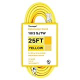 25 Foot Lighted Outdoor Extension Cord - 10/3 SJTW Yellow 10 Gauge Cable with 3 Prong Grounded Plug for Safety - Great for Garden and Major Appliances