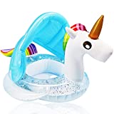 Unicorn Baby Swimming Pool Float with UPF50+ Canopy, Glitters Seat & Safety Handle, No Flip Baby Floats for Pool Inflatable Baby floaties for 1-3 Years Boys Girls Toddlers Outdoor Party Favor