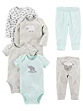 Simple Joys by Carter's Unisex Babies' 6-Piece Bodysuits (Short and Long Sleeve) and Pants Set, Grey/Mint Green, Lamb/Elephant, 0-3 Months