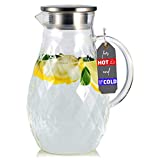 Borosilicate Glass Pitcher with Lid and Spout - 68 Ounces Cold and Hot Water Carafe with Unique Diamond Pattern, Beverage Pitcher for Homemade Iced Tea and Juice.
