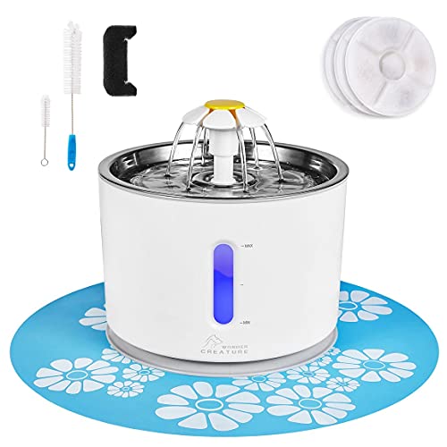 Cat Water Fountain Stainless Steel, 81oz/2.4L Cat Fountain with Smart Pump and LED Indicator for Water Shortage Alert, Cat and Dog Fountain with 3 Filters, 1 Mat and 2 Cleaning Brushes