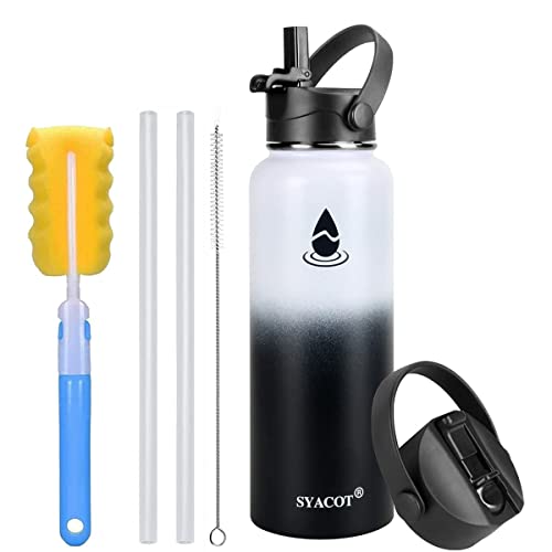 SYACOT 32 oz 40 oz 64 oz Stainless Steel Water Bottle, Insulated Double Wall Vacuum Leak Proof Water Flask, Metal Thermo Canteen Mug —Wide Mouth with 2 Straw Lids (40 oz, White/Black)