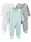 Simple Joys by Carter's Unisex Babies' Cotton Footed Sleep and Play, Pack of 3, Mint Green/Grey Heather, Stripe/Print, 0-3 Months