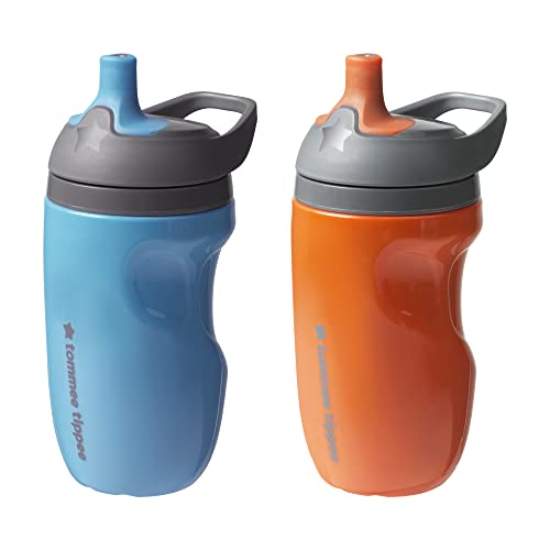 Tommee Tippee Insulated Sportee Toddler Sports Water Bottle Sippy Cup with Handle, Blue & Orange (9oz, 12+ Months, 2 Count)