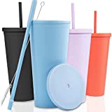 Tumblers with Lids (4 pack) 22oz Pastel Colored Acrylic Cups with Lids and Straws | Double Wall Matte Plastic Bulk Tumblers With FREE Straw Cleaner! Vinyl Customizable DIY Gifts (Pastels)