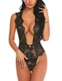 Avidlove Women One Piece Lingerie Lace Bodysuit Deep V Teddy Mini Babydoll (Large, 1-Black)