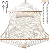 Y- STOP 13 FT Double Hammock with Pillow, Traditional Rope Hammock with Free Chains and Hooks for Outdoor, Indoor, Patio Yard, Double Solid Wood for Two Person, Outdoor Hammocks, Max 440 Lbs