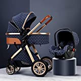 3 in 1 Stroller Carriage with Oversized Canopy/Easy One-Hand Fold,Foldable Luxury Baby Stroller Anti-Shock Springs High View Pram Baby Stroller with Baby Basket (Color : Blue)