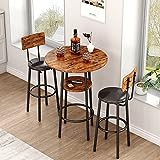 KIVENJAJA 3-Piece Bar Table Set for 2, Small 2-Tier Round Bistro Pub Dining Table & PU Upholstered Stools with Backrest, Counter Height Table and Chairs Set for Kitchen Small Space, Rustic Brown