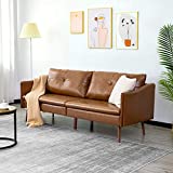 Vonanda Faux Leather Sofa Couch, Mid Century Modern Leather Couch 3-Seater Leather Sofa with Clean Lines and Wooden Decor on Sofa Armrest for Living Room, Caramel