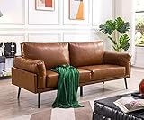 Vonanda Faux Leather Sofa Couch, Mid-Century Handmade with 74 inch Living Room Couch with Eucalyptus Frame and Soft Cloud Cushion for Compact Apartment, Caramel