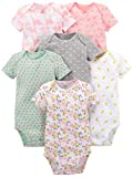 Simple Joys by Carter's Baby Girls' Short-Sleeve Bodysuit, Pack of 6, Pink/Grey/Mint Green, Dinosaur/Floral, 0-3 Months