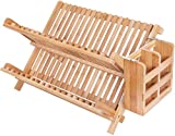 HBlife Dish Rack,Bamboo Folding 2-Tier Collapsible Drainer Dish Drying Rack with Utensils Flatware Holder Set (Dish Rack with Utensil Holder)