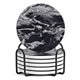 LIFVER Coasters with Holder, Set of 6 Coasters for Drinks Absorbent Stone, Black Marble Style Ceramic Drink Coaster for Tabletop Protection, Ideal for Home Decor, House Warming Gifts New Home