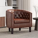 BELLEZE Elegant Upholstered Tufted Barrel Accent Chair Roll Armrest Club Chair for Living Room Bedroom with Sturdy Legs and Faux Leather - Berlinda (Caramel)